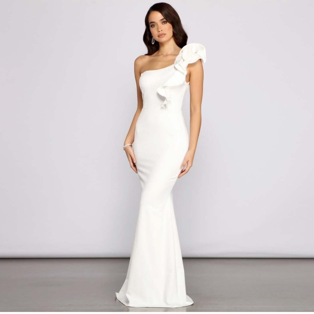 Windsor One-Shoulder White Ruffled Prom Gown - Picture 3 of 8